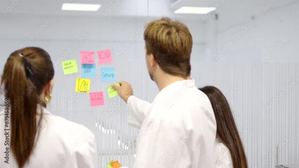 Back view of scientists sticking adhesive notes on a pane wall. Brainstorming and teamwork concept. Back view of scientists sticking adhesive notes on a pane wall. Brainstorming and teamwork concept.