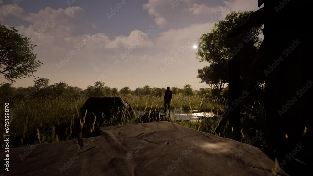 a man in black standing on a forest clearing with sun creating dark shadows, 3D animation, animated scenery, camera zoom in a man in black standing on a forest clearing with sun creating dark shadows, 3D animation, animated scenery, camera zoom in