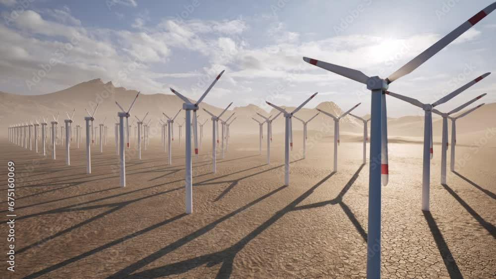 Wind turbines farm in the desert at sunset, 3D animation, animated scene, camera move backwards Wind turbines farm in the desert at sunset, 3D animation, animated scene, camera move backwards