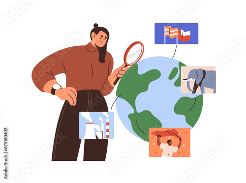 Studying, exploring world news, learning worldwide information, discovering different countries. International knowledge, geopolitical education. Flat vector illustration isolated on white background