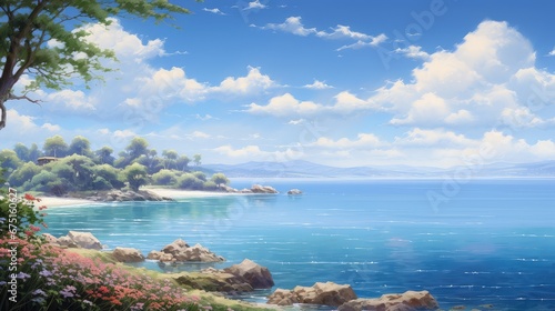 beautiful spring sky sea landscape illustration sunlight horizon, scene peaceful, yellow time beautiful spring sky sea landscape