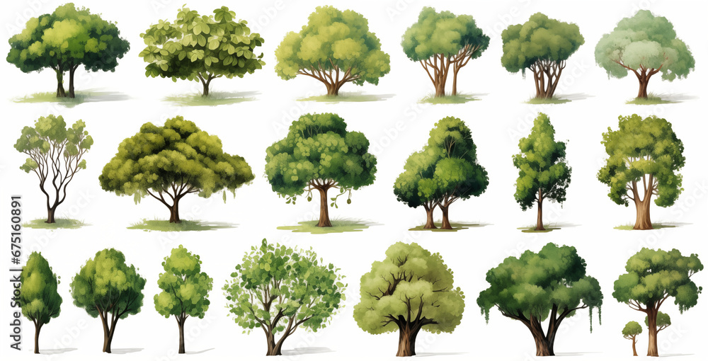 Fototapeta premium Collection tree in watercolor isolated on white background. Cartoon style plant illustration