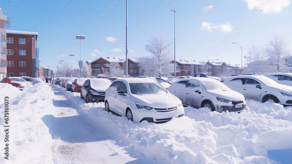 車に積もった雪、駐車場、冬の風景