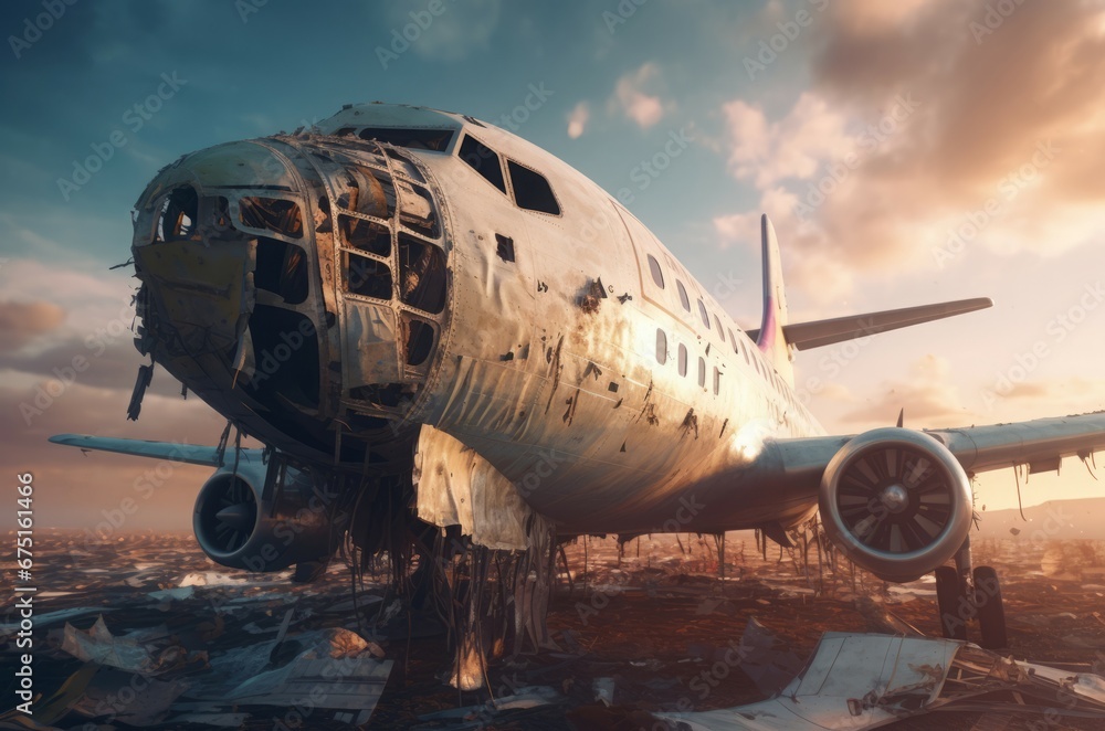 Ruined old airplane. Abandoned travel plane broken aviation. Generate Ai Ruined old airplane. Abandoned travel plane broken aviation. Generate Ai