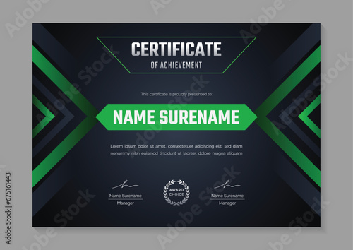 green certificate of achievement template. certificate design for gaming or sport tournament and competition. abstract futuristic gaming background