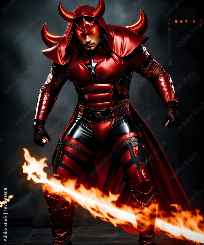 Warrior with red armor and red horns in a dark room.