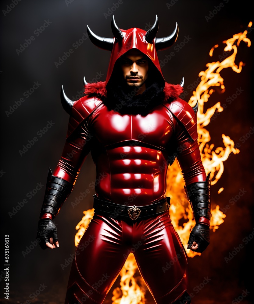 A shot of a red devil with horns and leather clothes over fire background.