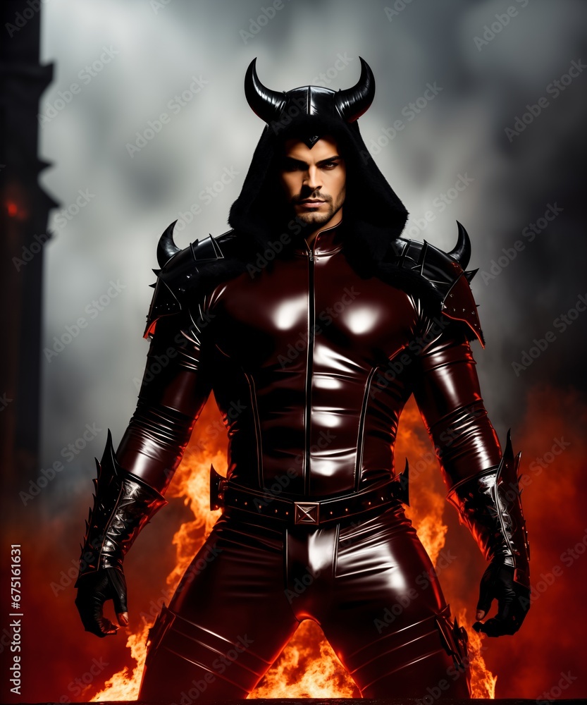 Shot of a futuristic men dressed as a devil in a dark room. Shot of a futuristic men dressed as a devil in a dark room.