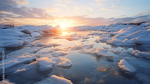 冬の風景、凍った水と太陽の雪景色