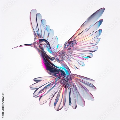 Holographic  hummingbird sleek glass material  transparent  cinematic lighting  white background  pink and blue 