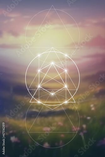 Sacred geometry inspired futuristic illustration with interlocking circles, triangles and rectangles. Science and technology background. Math inspired geometric background. 