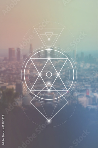 Sacred geometry inspired futuristic illustration with interlocking circles, triangles and rectangles. Science and technology background. Math inspired geometric background. 