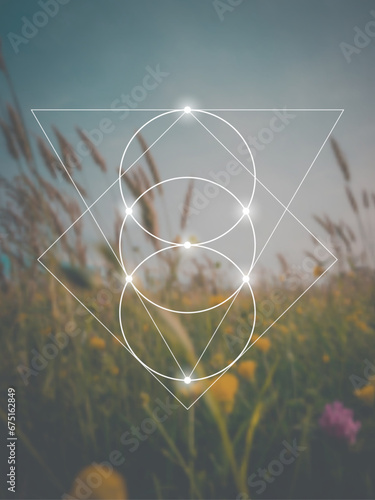 Sacred geometry inspired futuristic illustration with interlocking circles, triangles and rectangles. Science and technology background. Math inspired geometric background. 