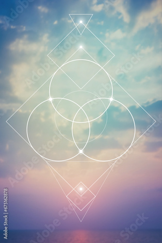 Flower of life. Tree of life. Sacred geometry spiritual new age futuristic illustration with transmutation interlocking circles, triangles and glowing particles