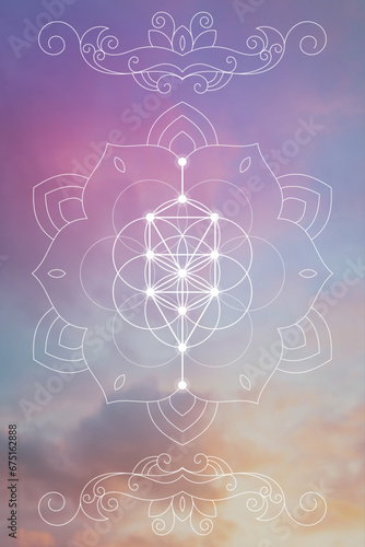Sacred geometry zentangle inspired design template with oriental tribal ornaments. Flower of life ornamental new age art.  Meditation symbol in front of natural background.