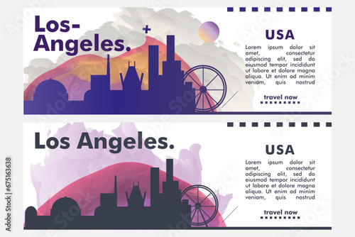 USA Los Angeles city banner pack with abstract shapes of skyline  cityscape  landmark. California travel vector horizontal layout set for brochure  website  page  presentation  header  footer