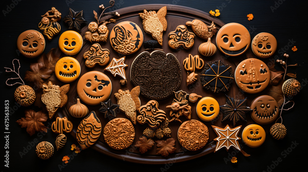 Arrangement of halloween cookies top view