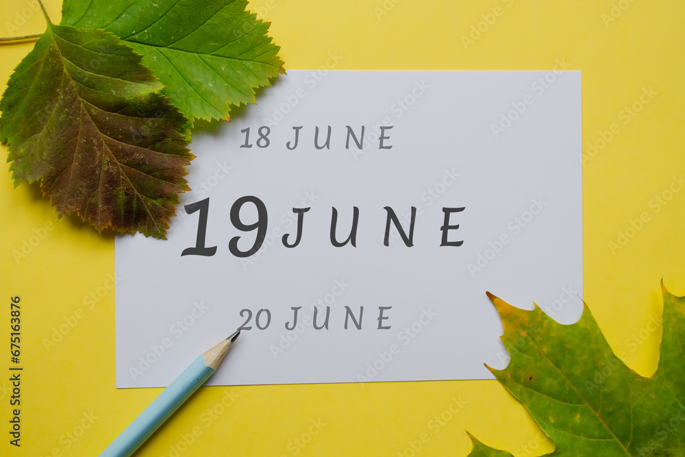 Naklejka premium 19 june day of month on a white sheet and the dates of the day earlier and later, written in simple pencil. Decoration with green leaves and yellow background.