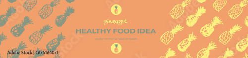 Pineapple seamless pattern with color hand drawn pineapples ornament. Healthy food idea banner template design. Organic ananas label template. Fruit and berries doodles for natural cosmetic design.