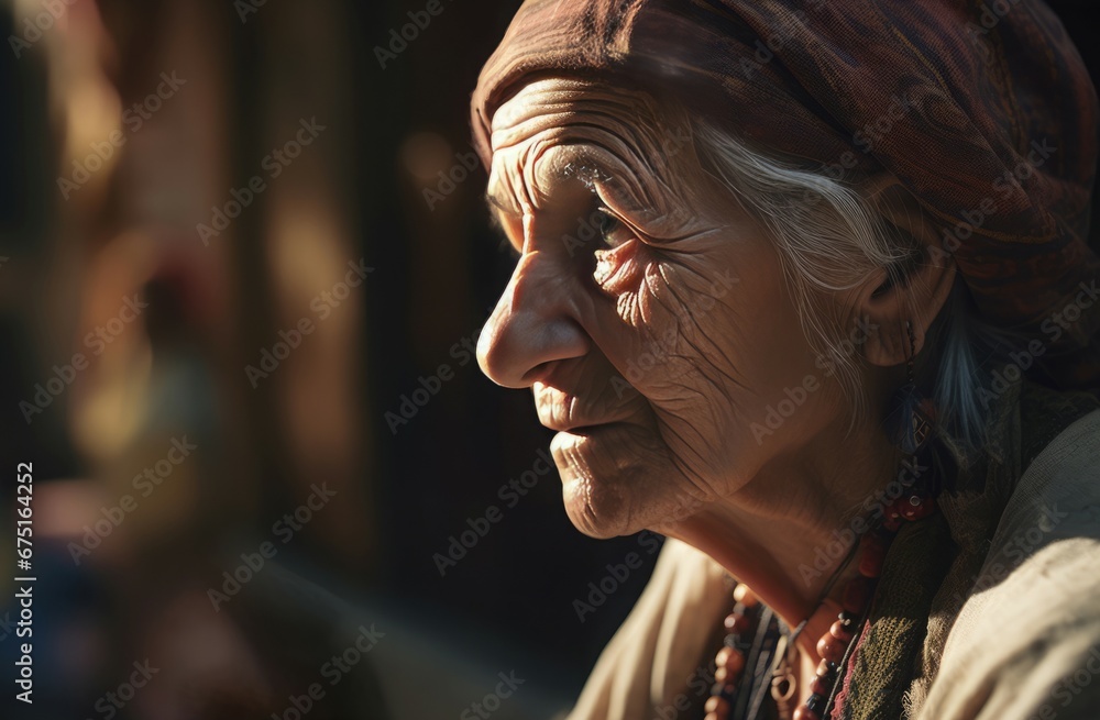 Old Turkish woman in sun light. Aging mature female face summer. Generate Ai
