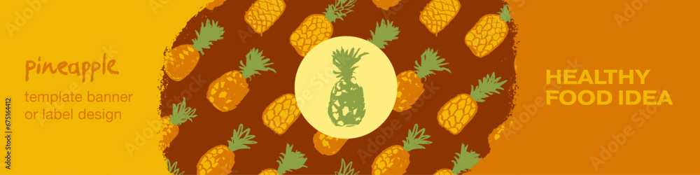 Pineapple seamless pattern with color hand drawn pineapples ornament. Healthy food idea banner template design. Organic ananas label template. Fruit and berries doodles for natural cosmetic design. Pineapple seamless pattern with color hand drawn pineapples ornament. Healthy food idea banner template design. Organic ananas label template. Fruit and berries doodles for natural cosmetic design.