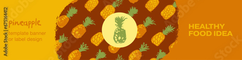 Pineapple seamless pattern with color hand drawn pineapples ornament. Healthy food idea banner template design. Organic ananas label template. Fruit and berries doodles for natural cosmetic design.