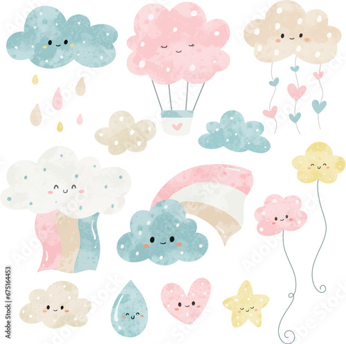 Watercolor doodle set of cute cloud with umbrella, stars moon, and rainbow