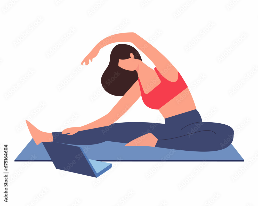 Women watching online yoga classes on laptop stay fit stay home Healthy lifestyle and wellness Flat style vector illustration.