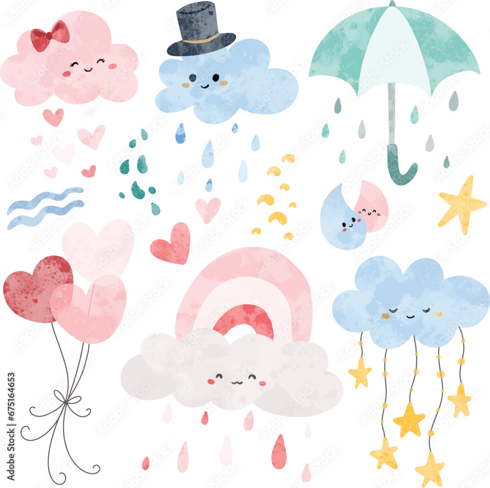 Watercolor doodle set of cute cloud with umbrella and balloons