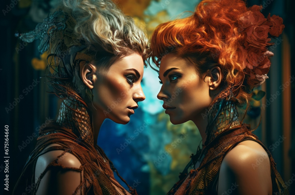 Female lovers portrait closeup. Loving studio two models style. Generate Ai Female lovers portrait closeup. Loving studio two models style. Generate Ai