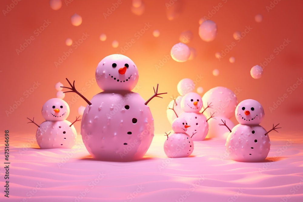 Abstract snowmen on a pink background with hard light; 3D rendered illustration. Generative AI Abstract snowmen on a pink background with hard light; 3D rendered illustration. Generative AI