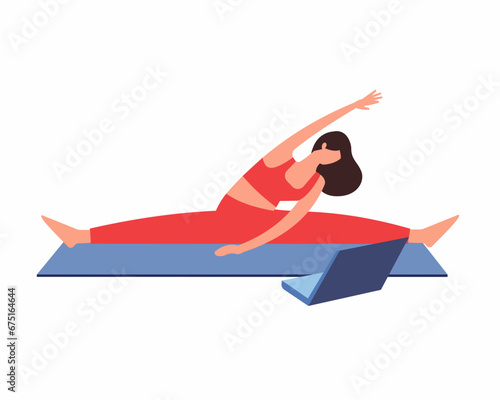 Women wears sportswear doing online yoga class on laptop sit on mat doing fitness exercise at home