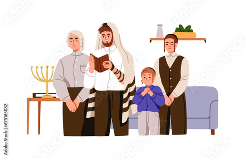 Jew Hebrew family praying on Shabbat holiday. Religious Orthodox Jewish Judaic people reading Torah book, prayers. Judaism religion concept. Flat vector illustration isolated on white background