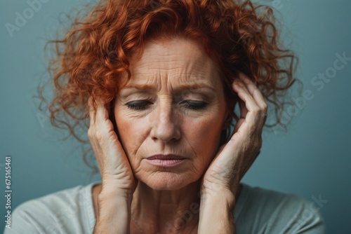 an adult long curly redhead attractive mature woman with migraine headache holding his head having pain on solid blue background. Generative Ai. © kapros76
