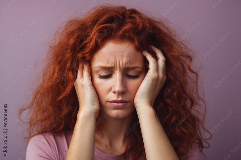 an adult long curly redhead young attractive woman with migraine headache holding his head having pain on solid light purple background. Generative Ai. an adult long curly redhead young attractive woman with migraine headache holding his head having pain on solid light purple background. Generative Ai.