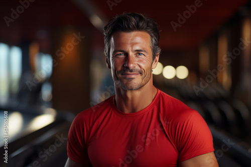 middle age sportive man in gym while looking at camera. personal trainer. Healthy lifestyle