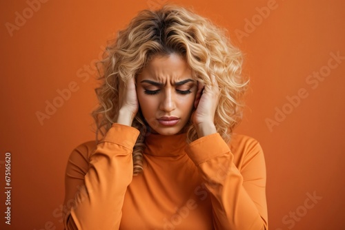 an adult long curly blonde young attractive woman with migraine headache holding his head having pain on solid light orange background. Generative Ai.