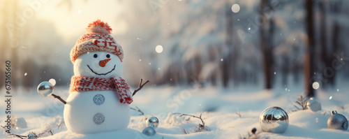 Snowman wearing a hat and scarf in winter scenery. Merry Christmas and Happy New Year greeting card. Forest background. © Rabbit_1990