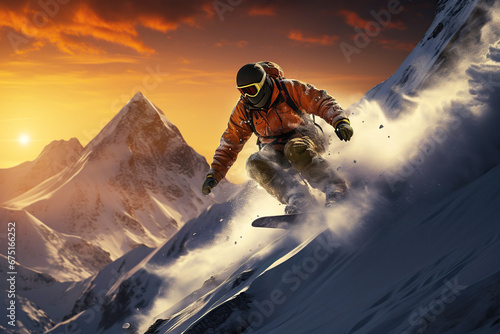 male snowboarder snowboarding in winter in mountains at sunset photo