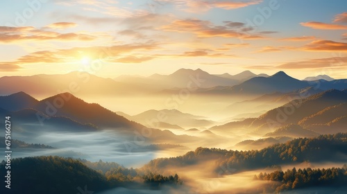 misty autumn morning sunrise landscape illustration sky forest, background mist, scenery outdoor misty autumn morning sunrise landscape © sevector