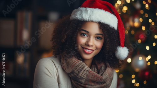 African American Woman wearing a red Santa hat is standing against a bokeh light background. He is smiling and looking at the camera. © Rabbit_1990