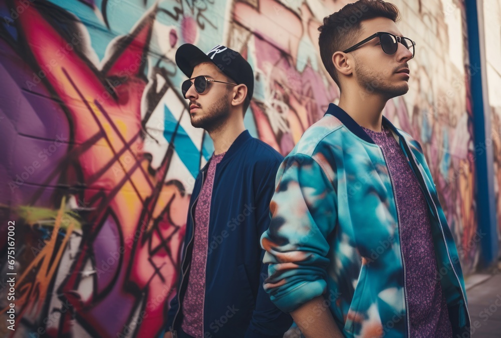 Stylish millennial men cool in sunglasses. City group leisure happy male. Generate Ai