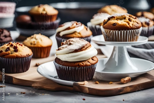Selection of freshly baked muffins or cupcakes with icing, on table on light background in room interior