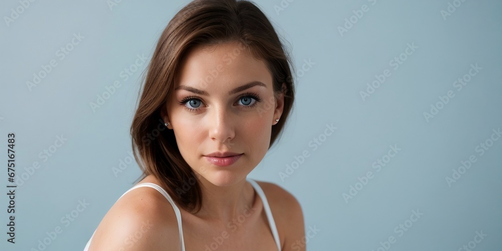 Beautiful American woman wearing white panties with a light blue background. Empty background with copy space. Beautiful American woman wearing white panties with a light blue background. Empty background with copy space.