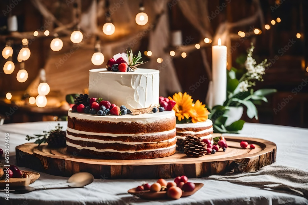 Boho style wedding cake on wooden plateBoho style wedding cake on wooden plate, on table on light background in room interior