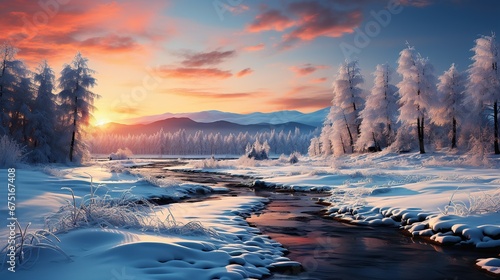 landscape with winter forest, mountains and river at sunset
