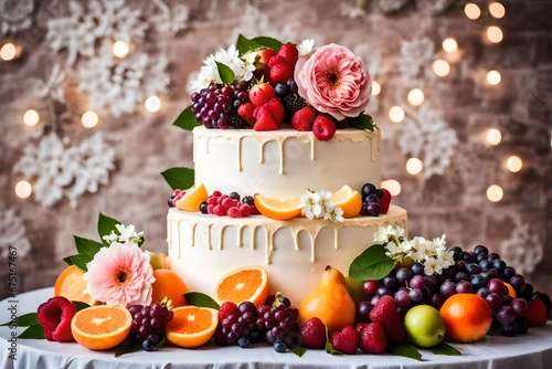 Delicious wedding cake with fruits and flowers perfectly decor, on table on light background in room interior