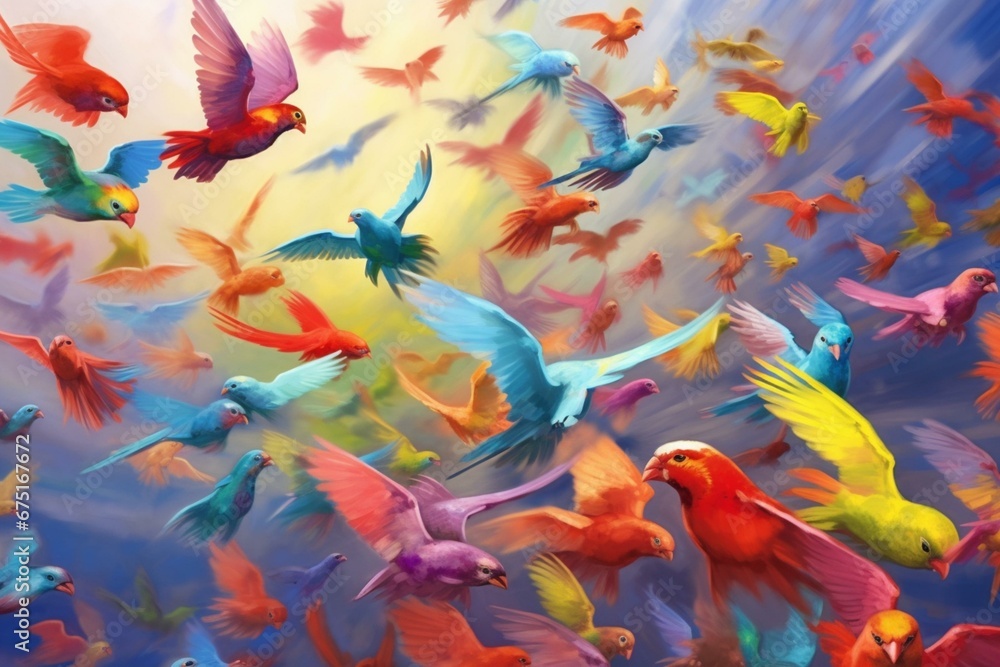 Flock of vibrant birds soaring together. Generative AI