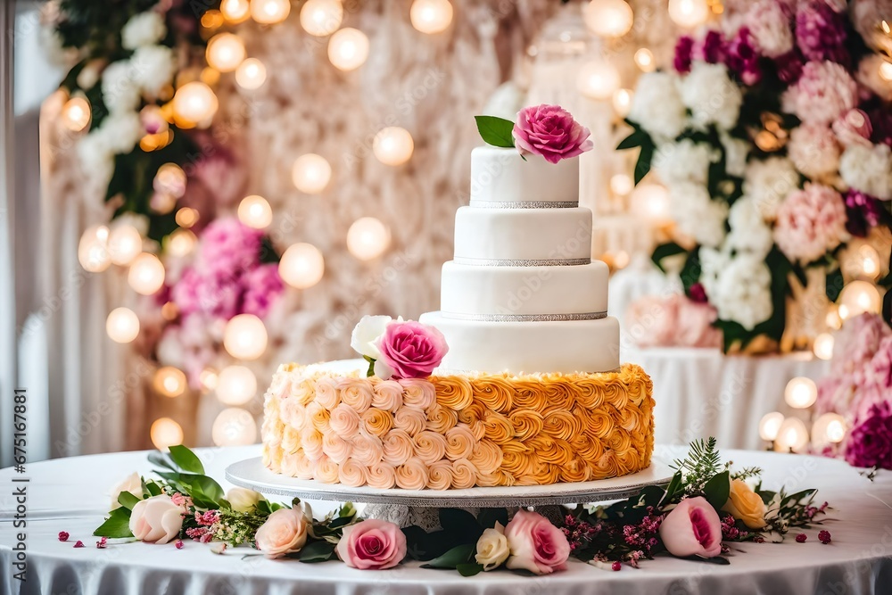 beautiful wedding cake, on table on light background in room interior