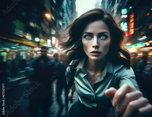 young beautiful woman reporter running on the streets of a japanese city after she discovered a clan of yakuza photo